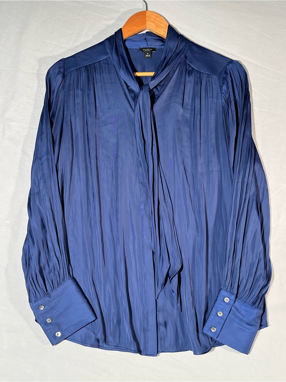Ann Taylor Factory Blue Pleated Tie-Neck Dress Shirt -Size Medium